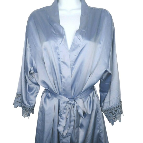 Vintage Blue Satin Dressing Bath Robe One Size Wide Lace Trim Knee Length Belted - Picture 3 of 12